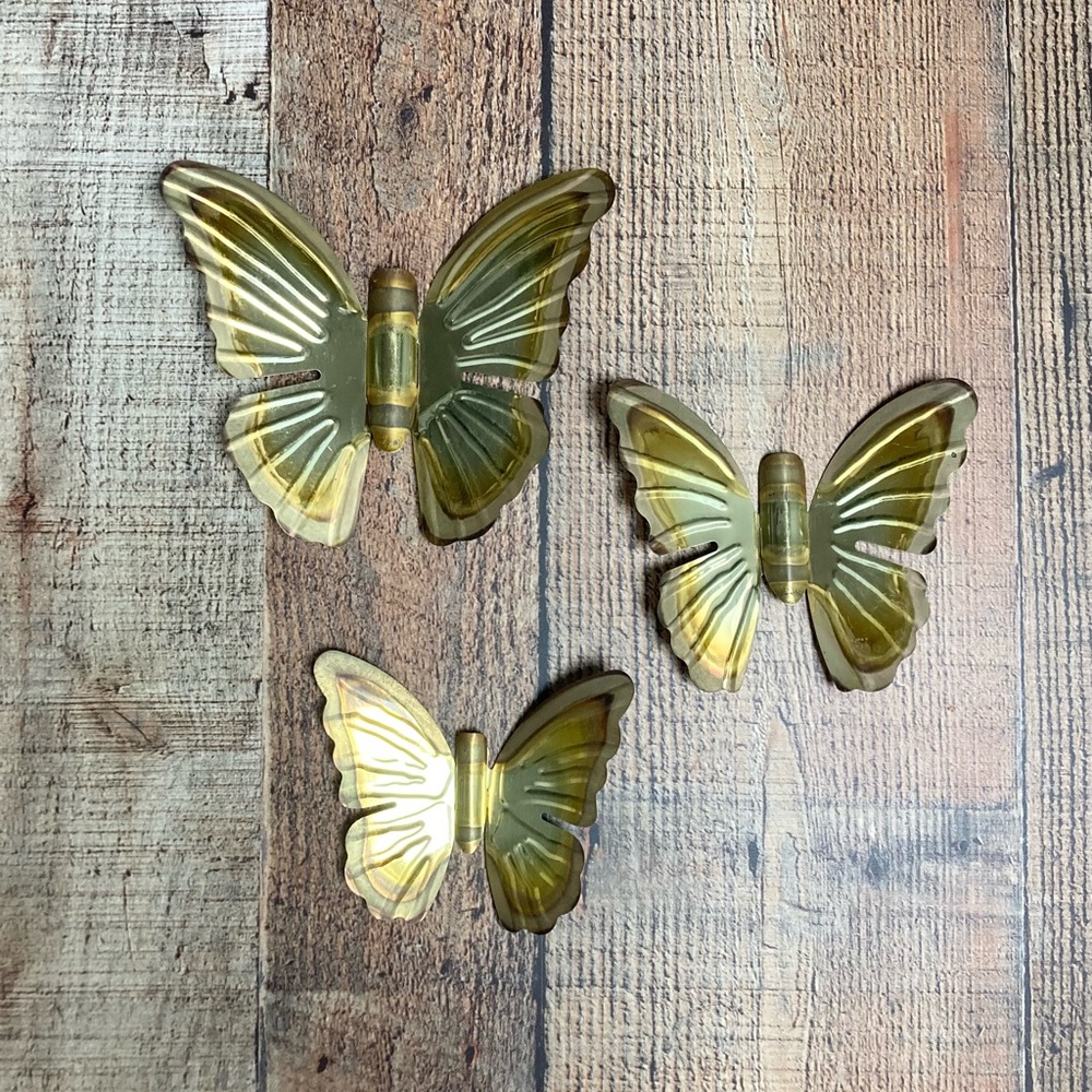 Vintage Style Brass Tone Metal Butterfly Wall Art Decor Set of 3 Hanging Accents